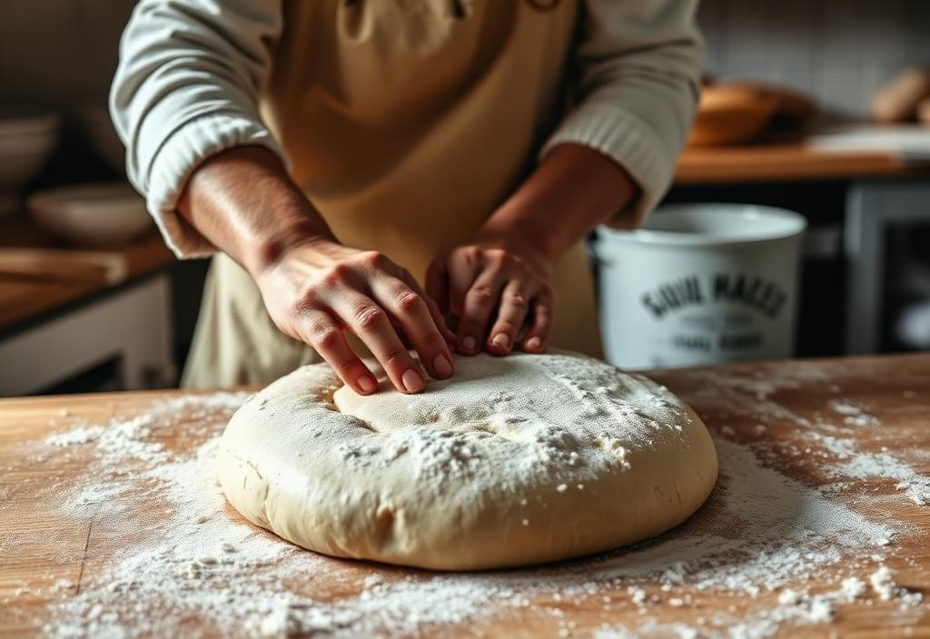 Artisan baker shaping sourdough on a flour-dusted wooden table